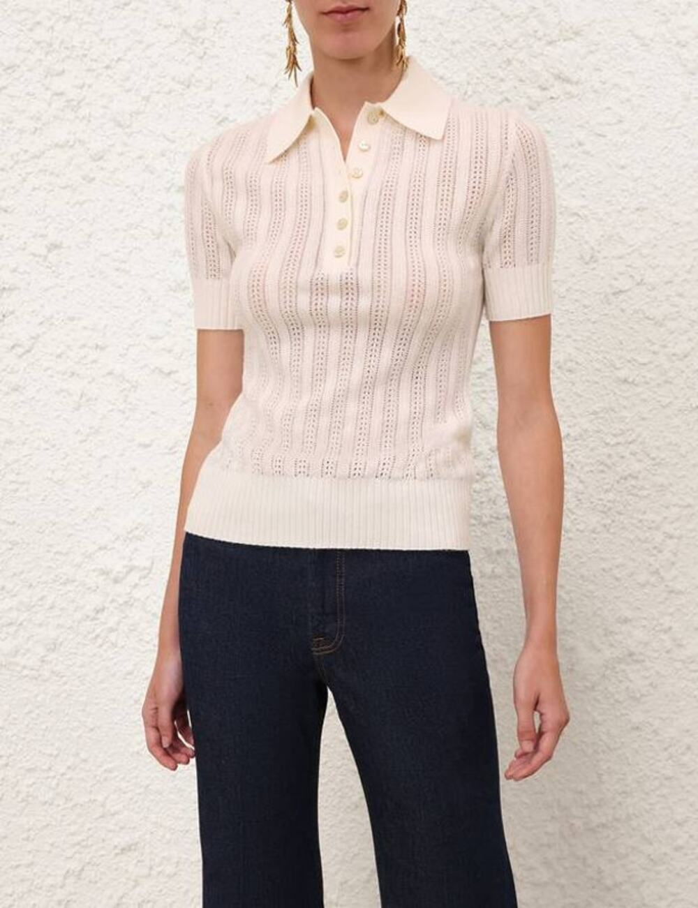 Zimmermann Ribbed Knit Polo Shirt in Cream AU 0 US XS